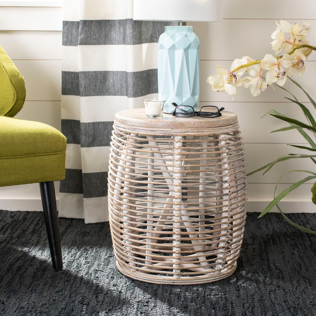 SAFAVIEH Leliana Rattan White Washed Drum Stool Accent Table - 17.7" x 17.7" x 18.9" - 18Wx18Dx19H