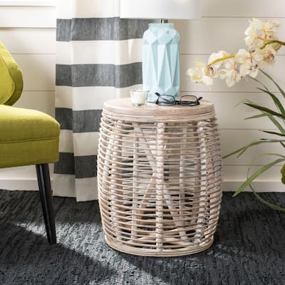 SAFAVIEH Maui Rattan White Washed Drum Stool Accent Table - 17.7" x 17.7" x 18.9"