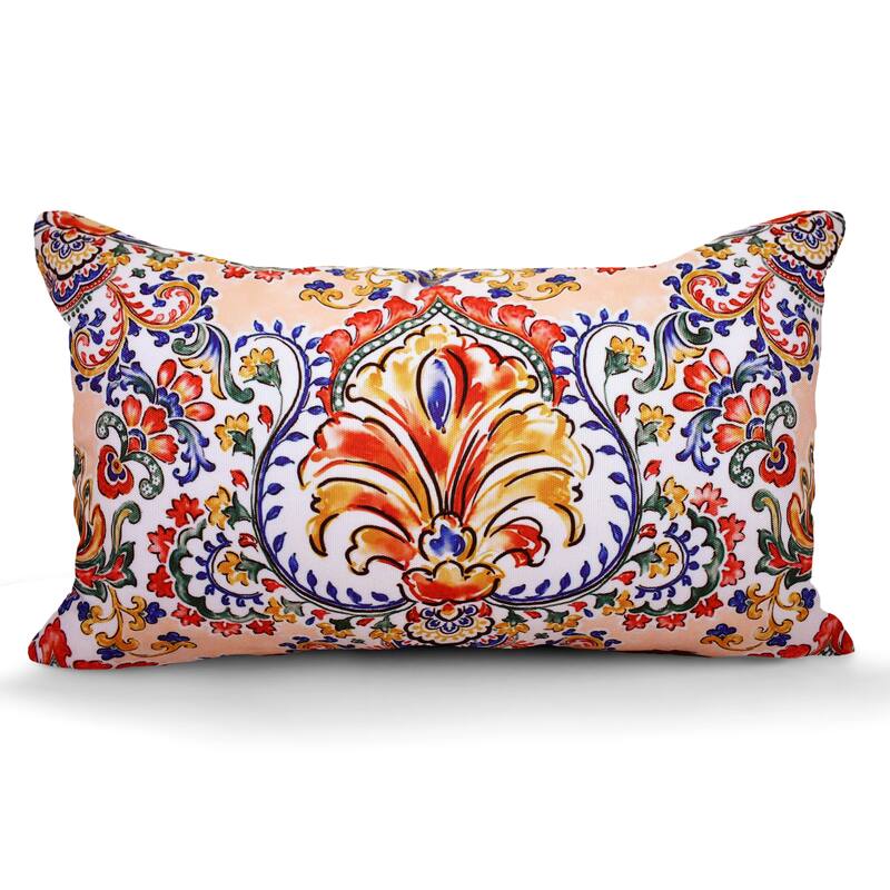 Indoor Outdoor Weatherproof Pillow with Insert - 18x18 | 12x20 | Inches - Orange/White Floral -20