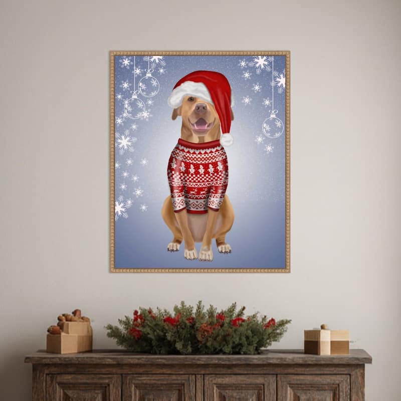 Pitbull in Christmas Sweater by Fab Funky (23 x 28 in.), Framed Canvas Wall Art Print - Sylvie Beaded Rustic Natural