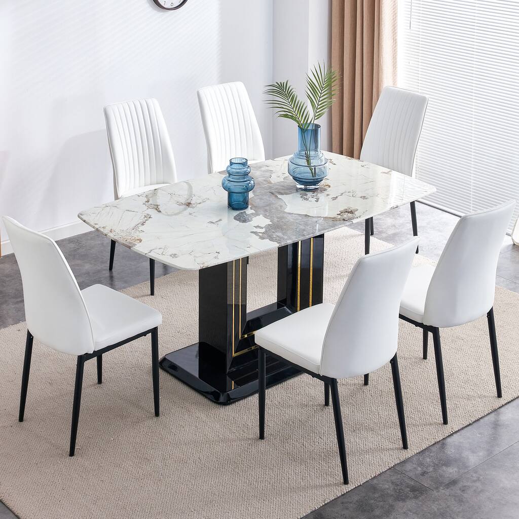 7-Piece Sets Faux Marble Dining Table Set with Glass Table and 6 PU Chairs