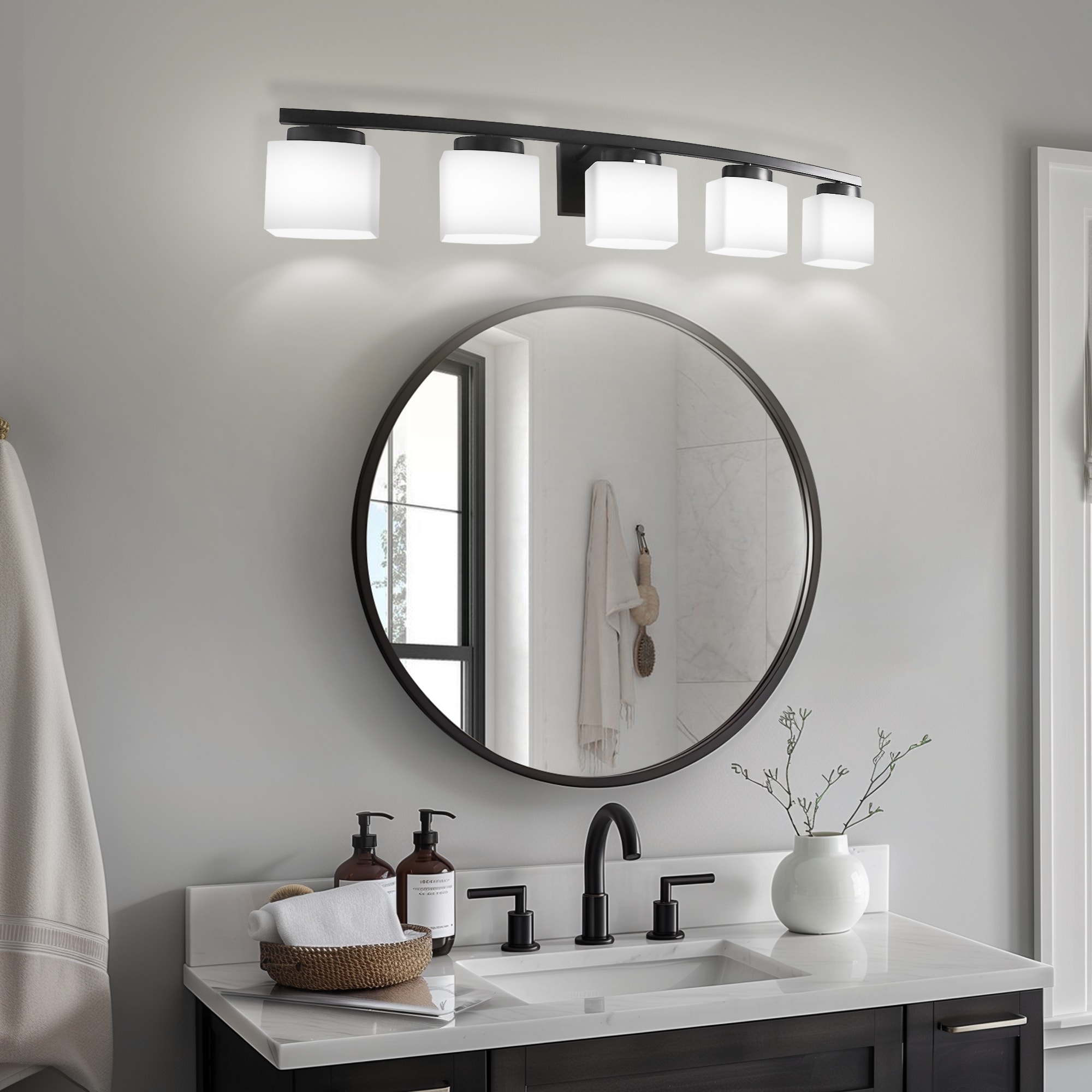 YANSUN 41.3 in. 5 Light Matte Black Industrial Vintage Vanity Light Fixtures for Bathroom with White Glass Shades 41.3 7.5 6.5 Bed Bath Beyond 41418666