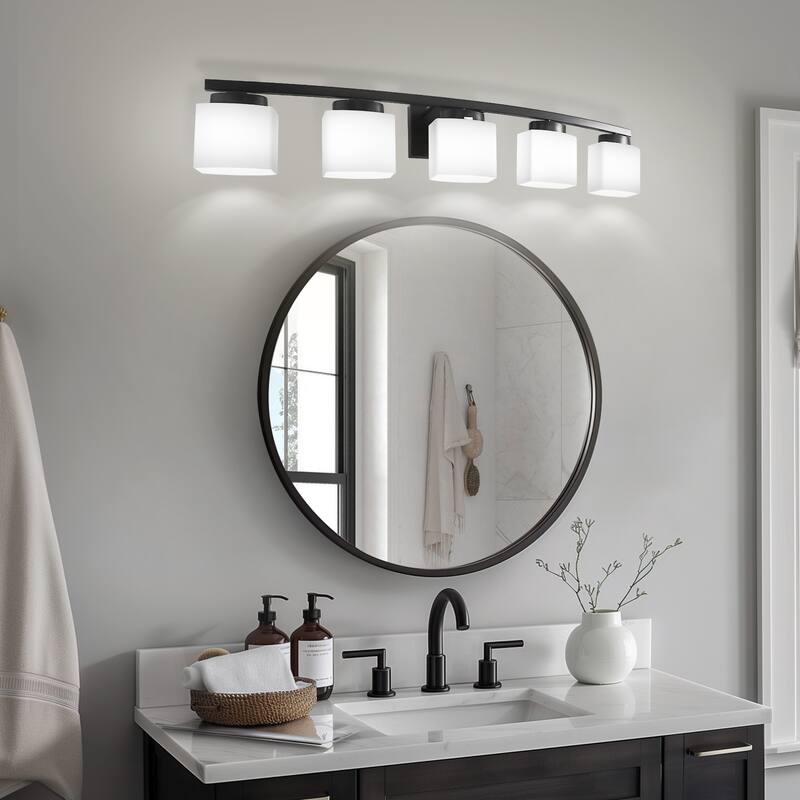YANSUN 41.3 in. 5-Light Matte Black Industrial Vintage Vanity Light Fixtures for Bathroom with White Glass Shades - 41.3*7.5*6.5