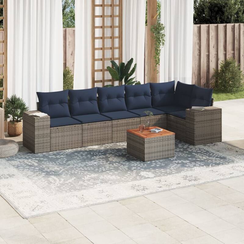 vidaXL Patio Sofa Set with Cushions Outdoor Furniture 7 Piece Poly Rattan - 24.4x 24.4x 27.2