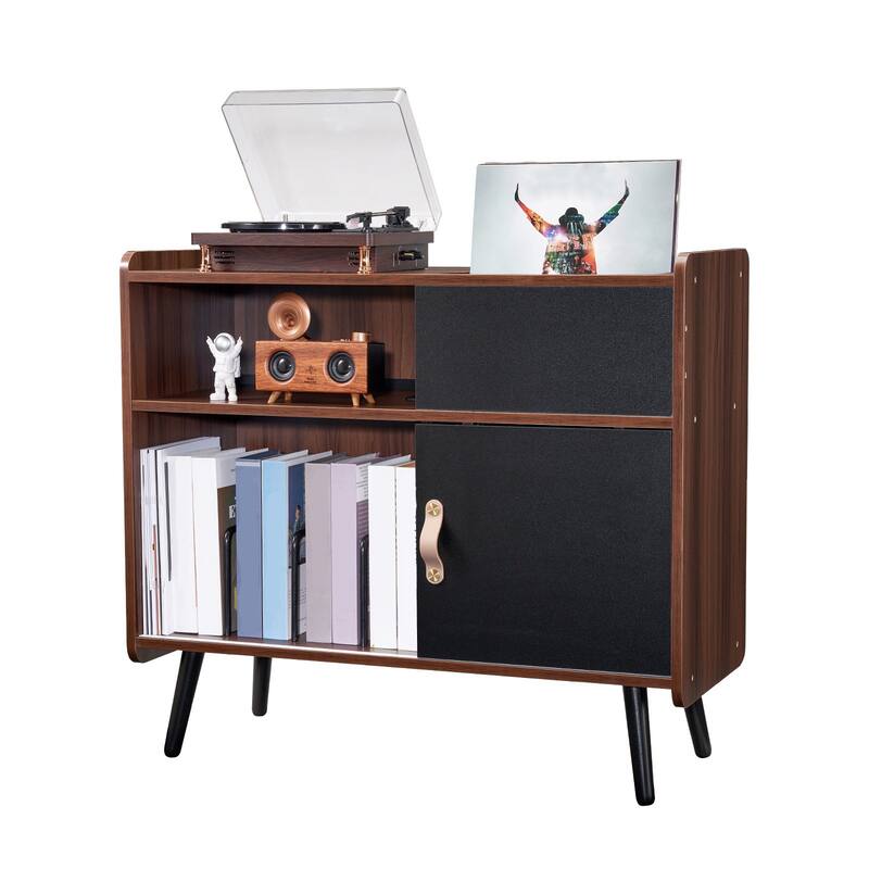 Turntable Stand with Storage, Holds 350 Records, Built-in Power Outlet - 34.25 x 14.37 x 30.51 inch