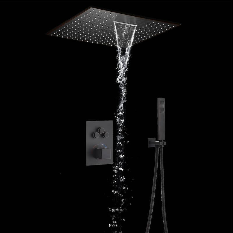 20inch ceiling mount rainfall waterfall shower systems 3 way thermostatic shower faucet - 7'6" x 10'9" - Bronze