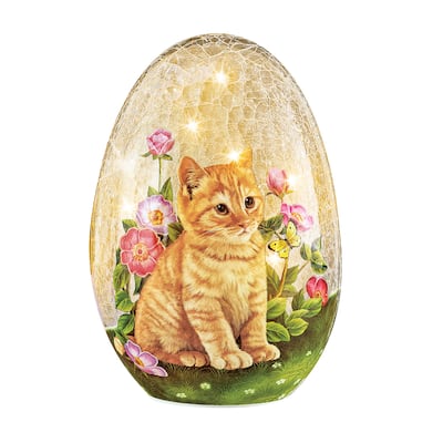 Adorable Cat and Butterflies LED Lighted Glass Egg - 10.250 x 8.000 x 8.000