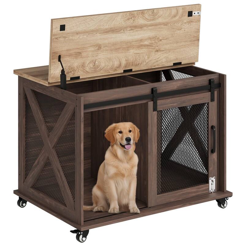Dog Crate Furniture with Sliding Barn Door,Flip Top Furniture Style Dog Crate End Table with Wheels