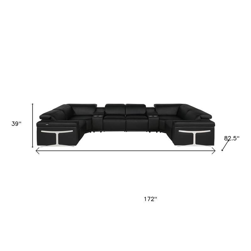 HomeRoots Black Italian Leather Power Reclining U Shaped Eight Piece Sectional With Console