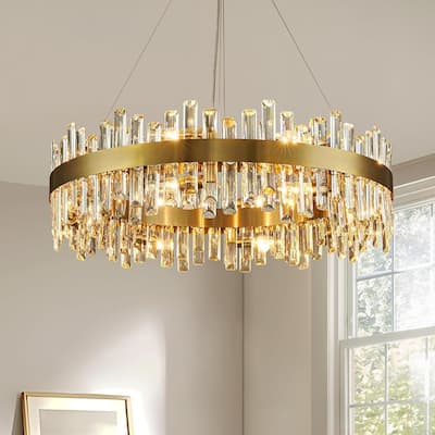 32 in. Brass Modern Crystal Chandelier 2-Tier Gold Glam Chandelier Luxury Kitchen Island Pendant Light for Living Dining Room
