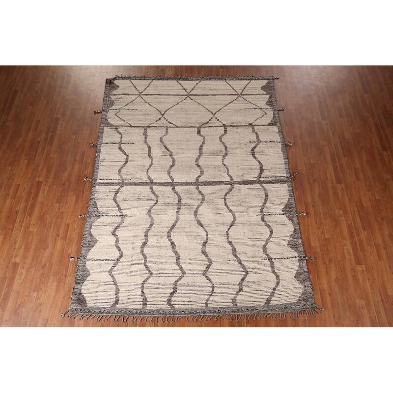 All-Over Striped Moroccan Abstract Area Rug Hand-Knotted Wool Carpet - 7'8"x 10'10"