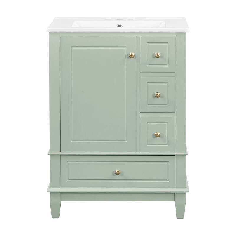 Roomfitters 24" Bathroom Vanity with Sink, Solid Wood Frame, 3 Drawers & Side Cabinet with Door Racks