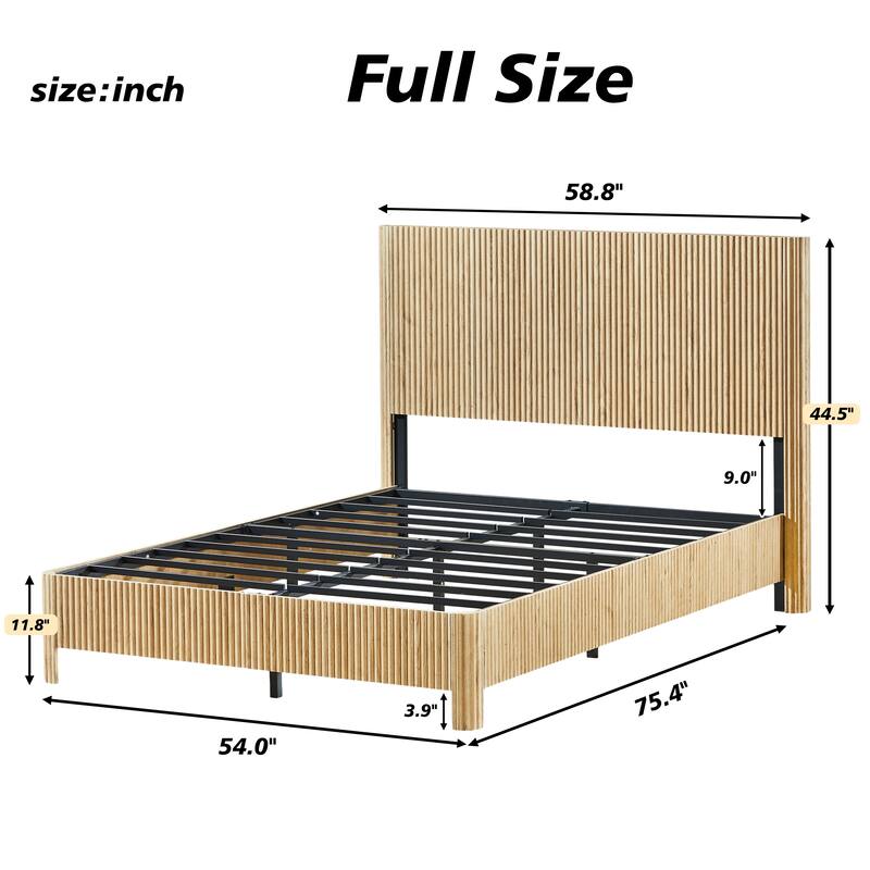 Low Profile Platform Bed, Wooden Corrugated Curved Lines Headboard Wingback Bed, Metal Slat Support Bed Frame