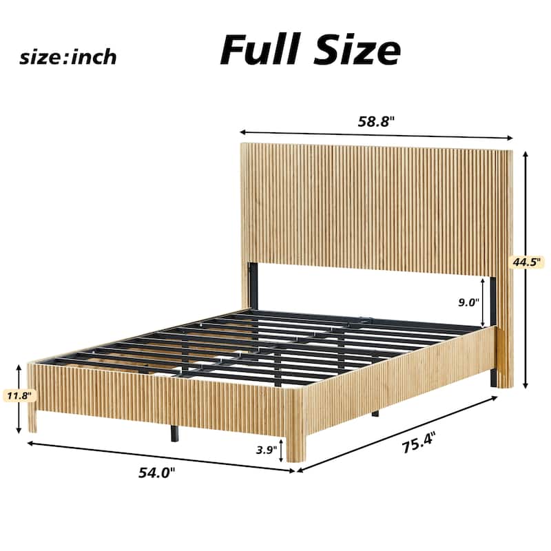 Wood Bed Frame with Corrugated Curved Wood Panels, Heavy Duty Metal Support, No Box Spring Needed