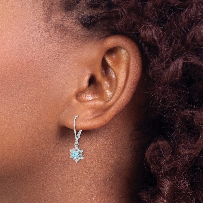 Curata 925 Sterling Silver Dangle Polished Leverback Diamond and Light Blue Topaz Earrings - 28x9mm Wide
