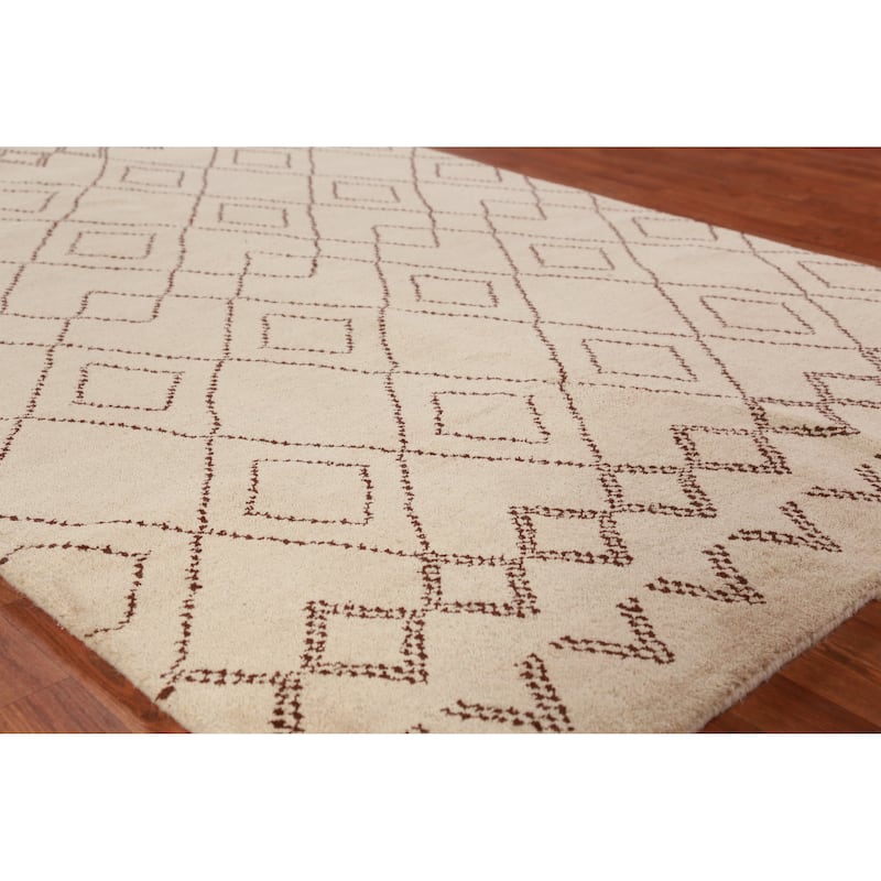 Hand Knotted Oriental 100% Wool Carpet Modern Geometric Beige & Ivories Moroccan Area Rug - 8' 0'' X 5' 0''