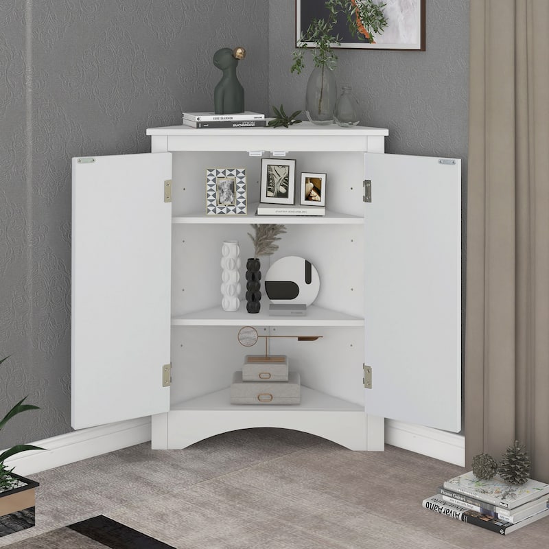 Triangle Bathroom Storage Cabinet with Adjustable Shelves, Freestanding Floor Cabinet Compact Bathroom Towel Cabinet - White