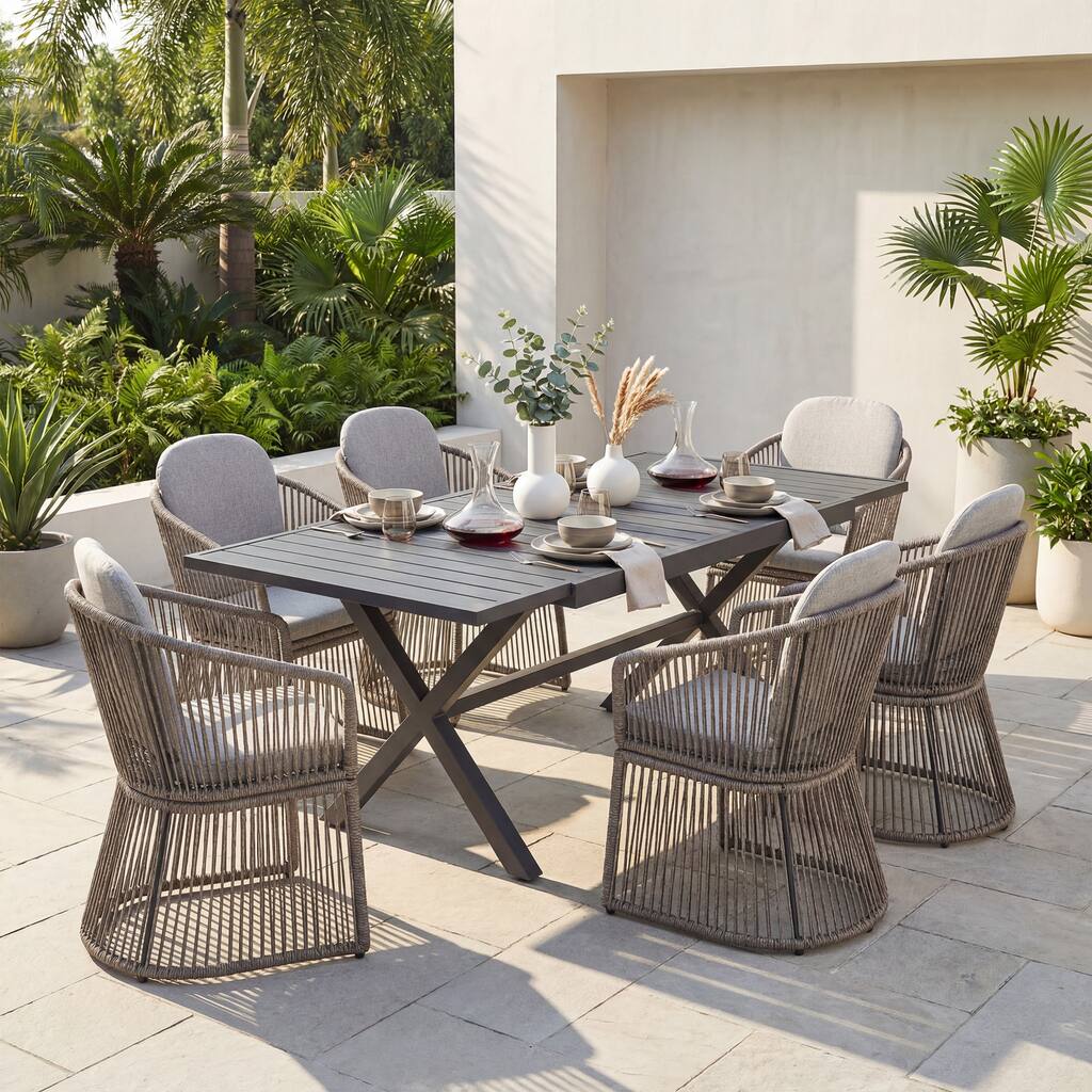 Expandable Aluminum Outdoor Dining Set with 6 PE Wicker Chairs