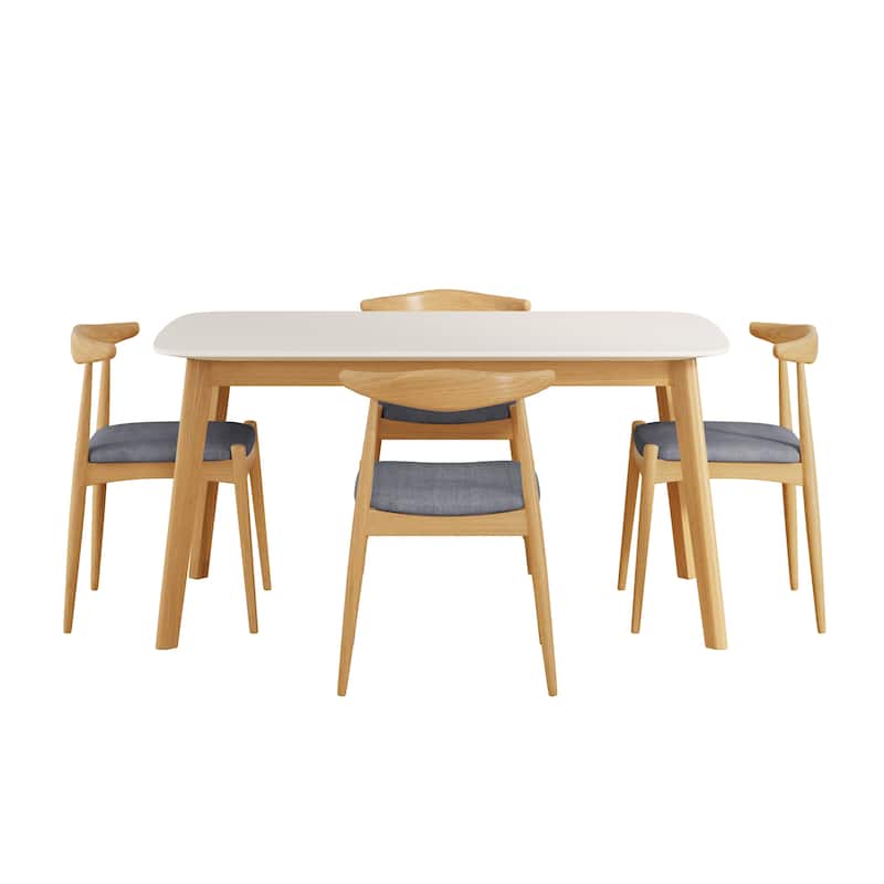 5-Piece Mid-Century Modern Dining Set-Solid Wood Frame Table + 4 Beige Upholstered Chairs