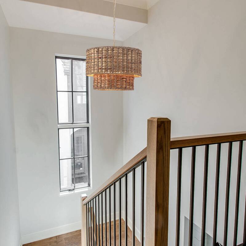 5-Light Farmhouse 2-Tier Candlestick Hanging Linear Chandelier Lighting with Rattan Cover for Dining Room Kitchen Island