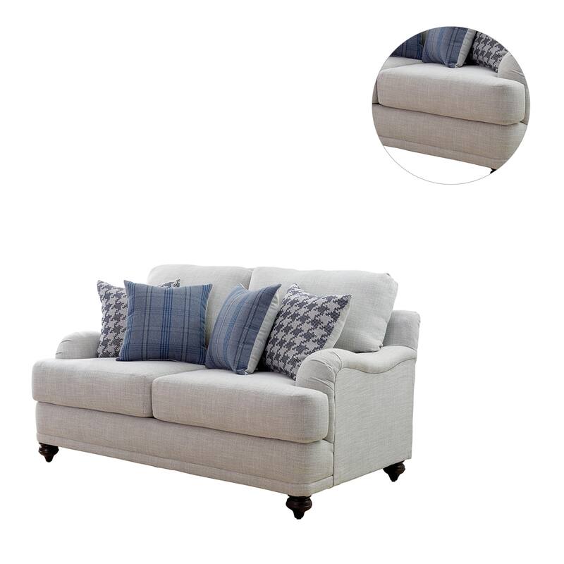 Linen-Like Fabric Loveseat with Recessed Arms in Light Grey and Dark Brown