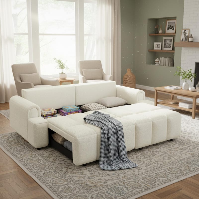 Homy Casa 90" 4-Seater Teddy Fabric Sofa with Hidden Seat Storage, 3-in-1 Convertible Sleeper Couch, Beige/Grey/Black