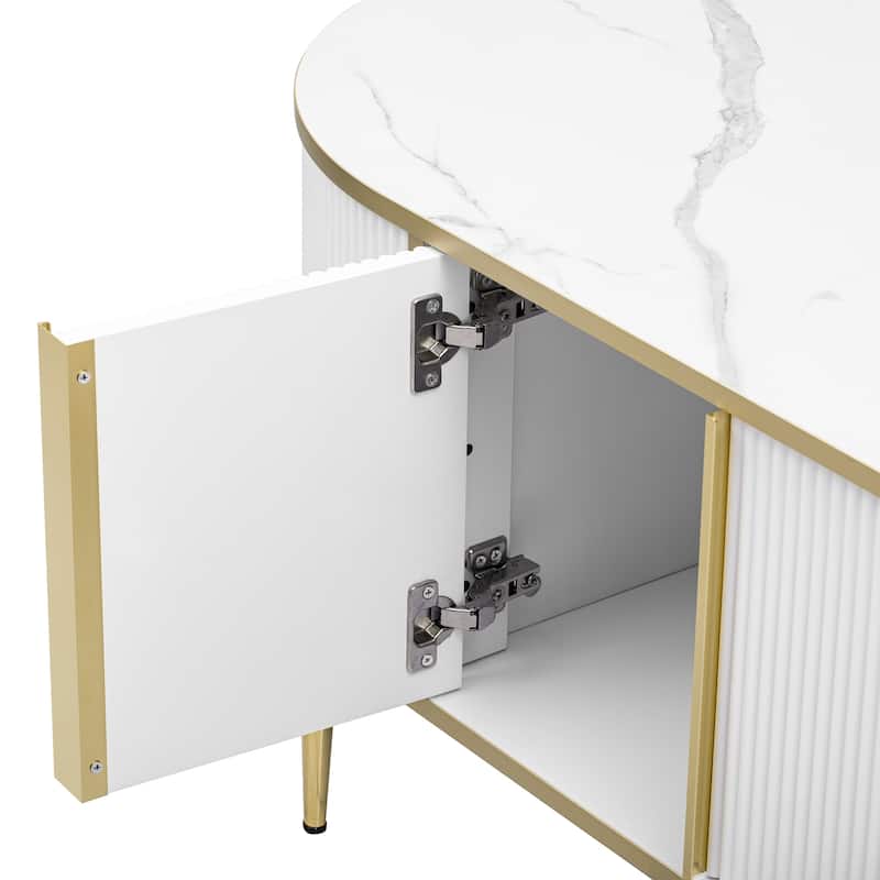 Roomfitters Luxury Oval Fluted Coffee Table with Marble Top, 2 Storage Cabinets and Metal Legs, Stylish Accent Table, White
