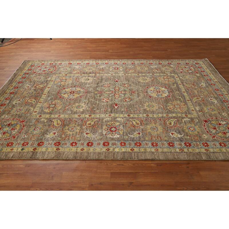 Hand Knotted Oriental 100% Wool Carpet Transitional All-Over Brown Oushak Area Rug - 9' 1'' X 6' 6''