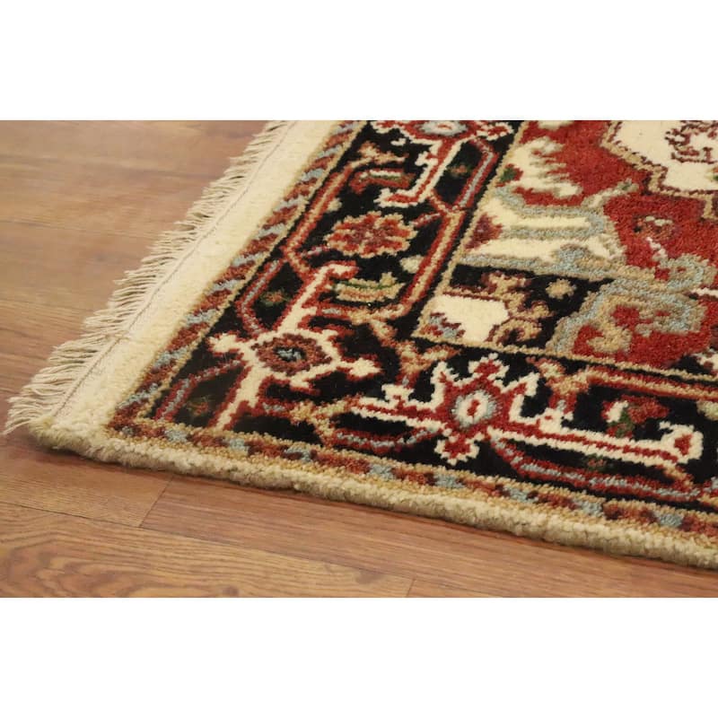 Hand Knotted Oriental 100% Wool Carpet Traditional Geometric Beige & Ivories Heriz (serapi) Runner Rug - 9' 11'' X 2' 5''