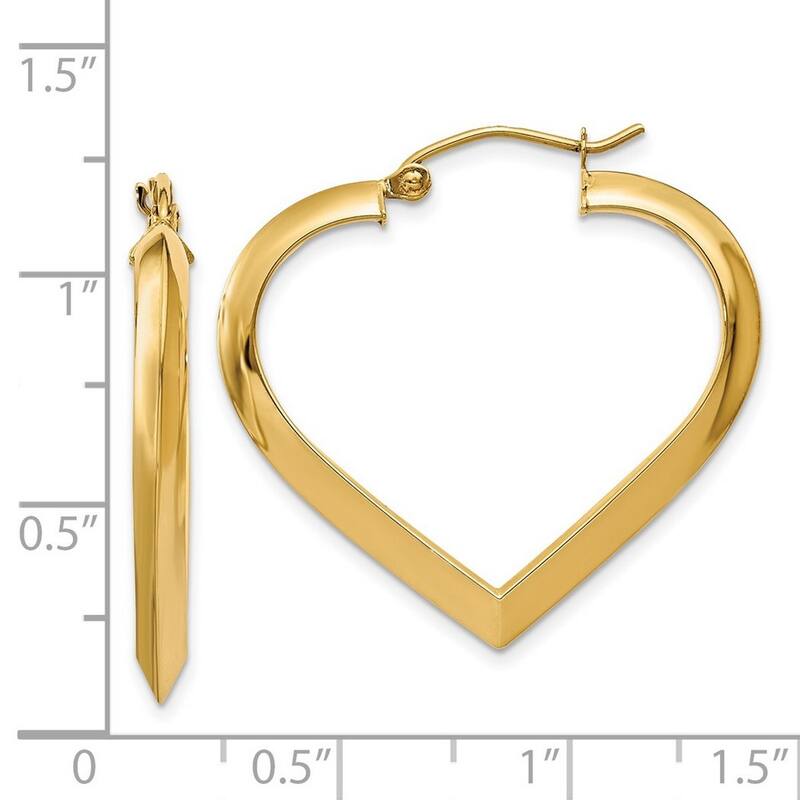 Curata 14k Yellow Gold Hollow 28x3mm Tube Hinged Post Polished Love Heart Hoop Earrings
