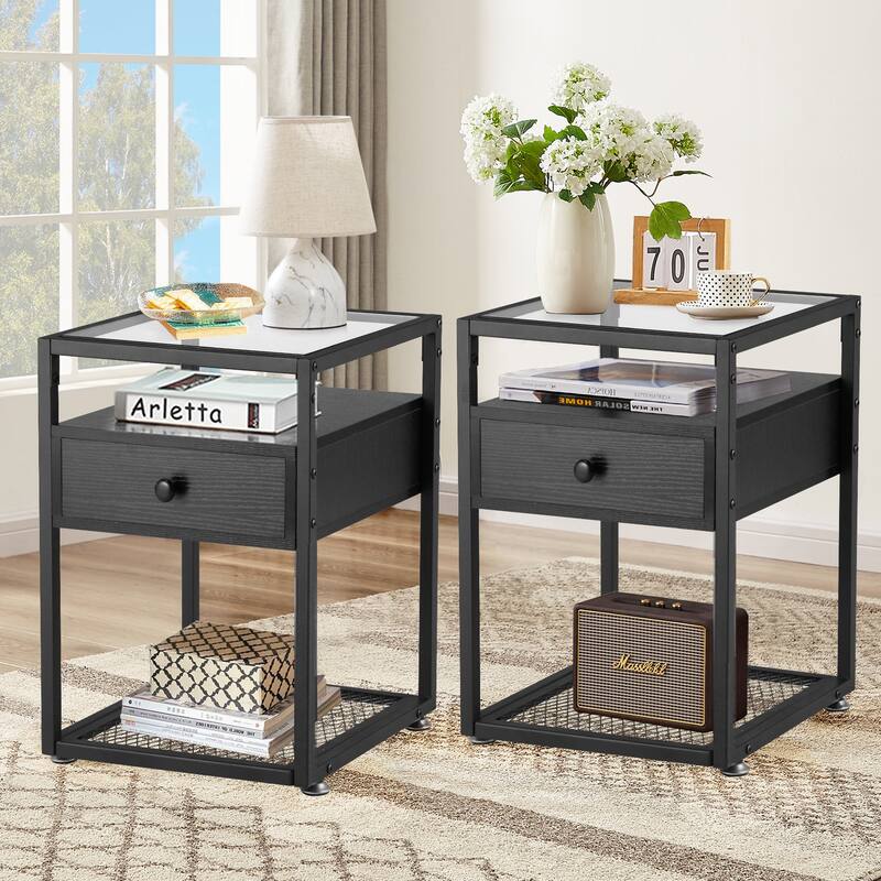 VECELO Modern Square Nightstands Set of 2 with Tempered Glass Top