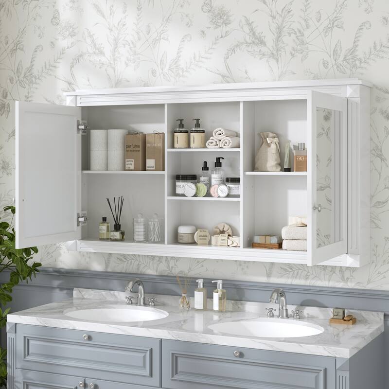 55" Wall-Mount 2-in-1 Mirror Cabinet with Adjustable Shelves & Soft-Closing Hinges, HD Bathroom Storage Organizer