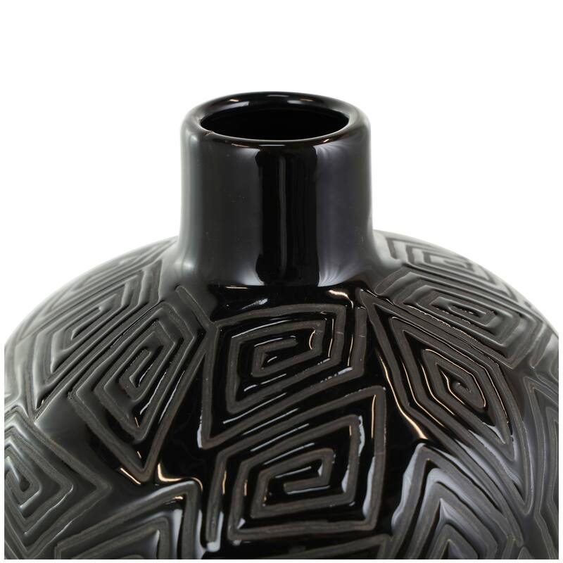 Black Ceramic Vase with Geometric Etchings