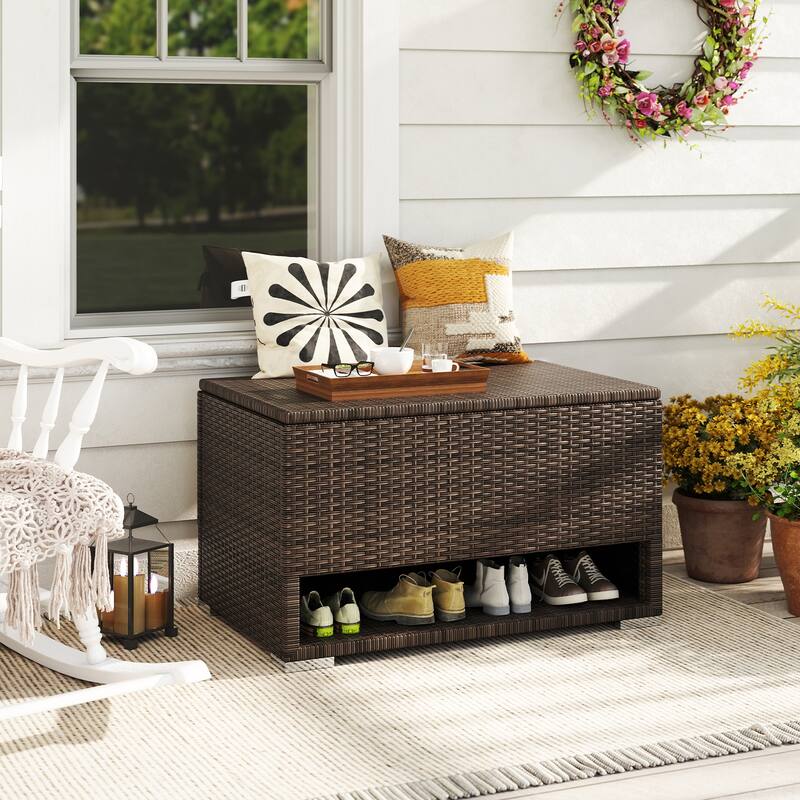 Gymax 48 Gallon PE Wicker Rattan Deck Box w/ Shoe Rack Outdoor Storage