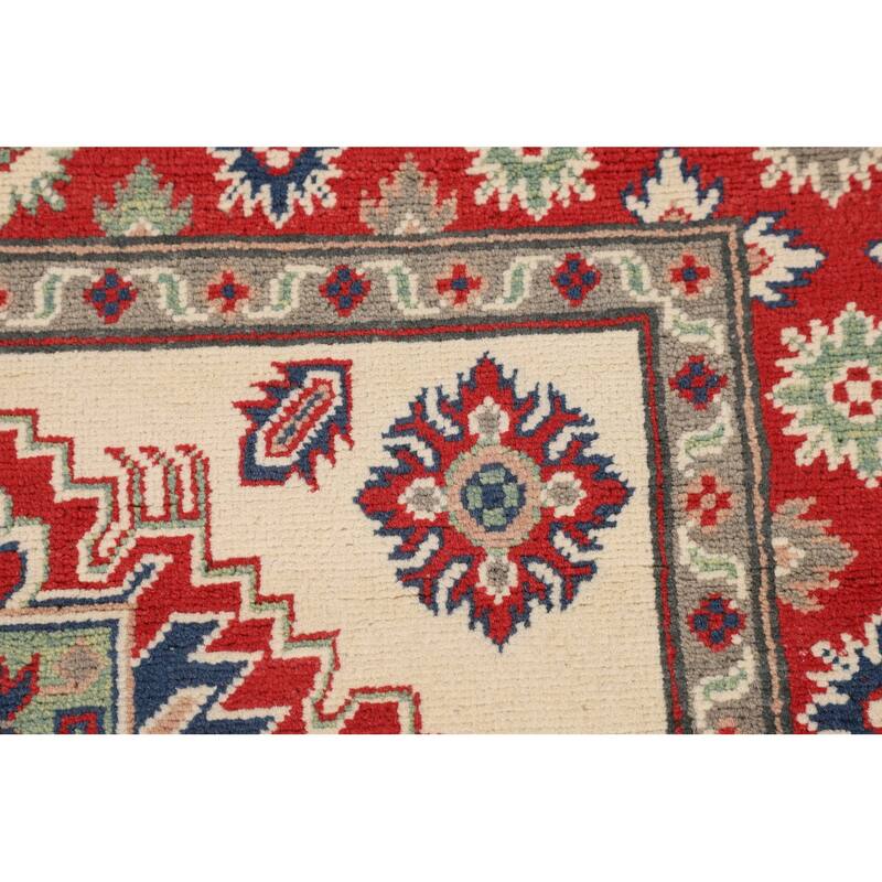 Ivory / Beige Geometric Kazak Oriental Accent Rug Handmade Wool Carpet - 3'6" x 5'1"