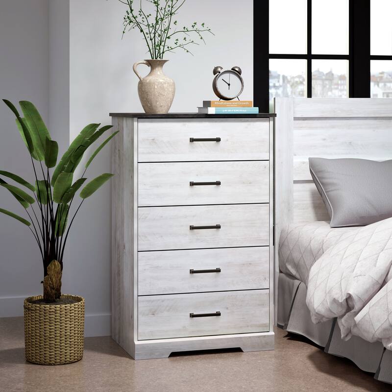 Prepac Rustic Ridge Farmhouse Chest, Wooden Bedroom Dresser with 5 Storage Drawers