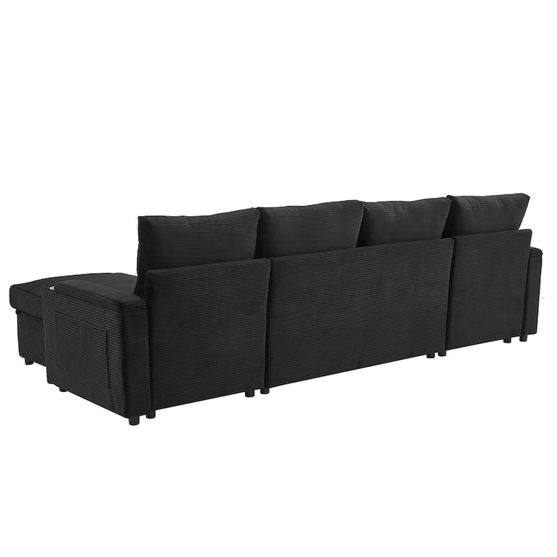 Convertible Sofa Bed with Pull Out Bed, U-Shaped Sectional Sofa with Dual Storage Chaise Lounges, USB Ports & Cup Holders