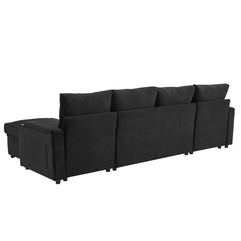 U-Shaped Sectional Sofa Convertible Sleeper Sofa with Dual Storage Chaise Lounges, Cup Holders, USB, Storage Boxes and Pockets