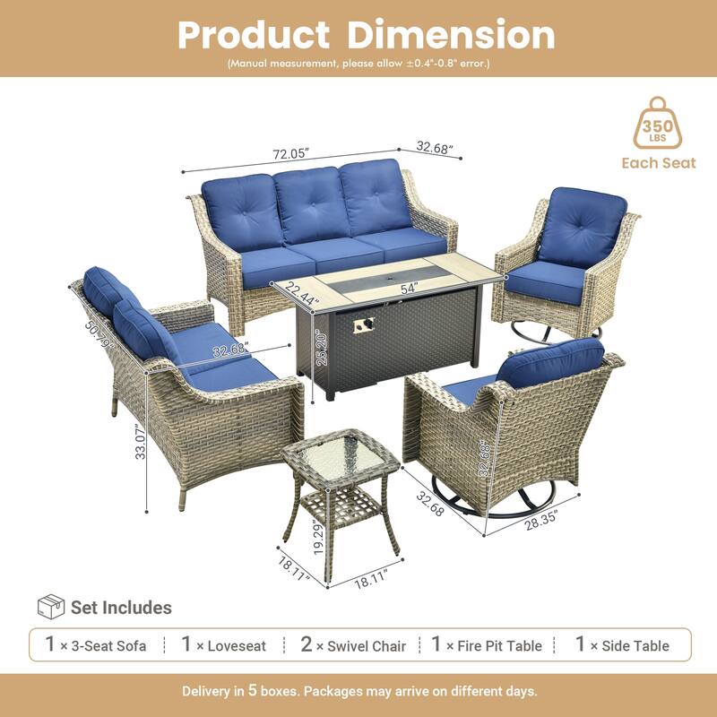 OVIOS 6-piece Patio Wicker Swivel Rocking Chair Set With Fire Pit