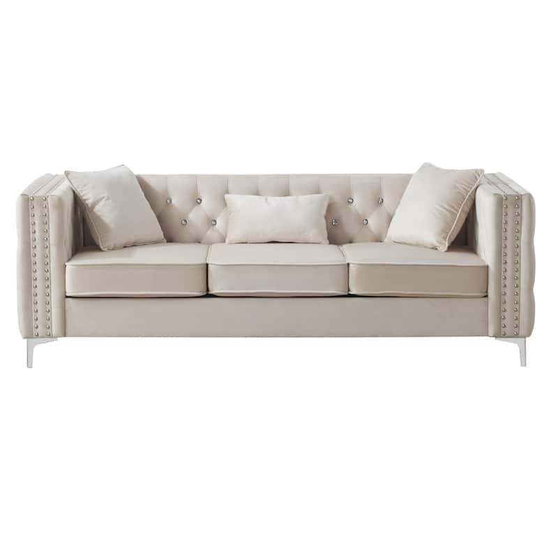 Tufted Faux Diamond Button Velvet 3-Seater Sofa with Throw Pillows - 86" - Cream