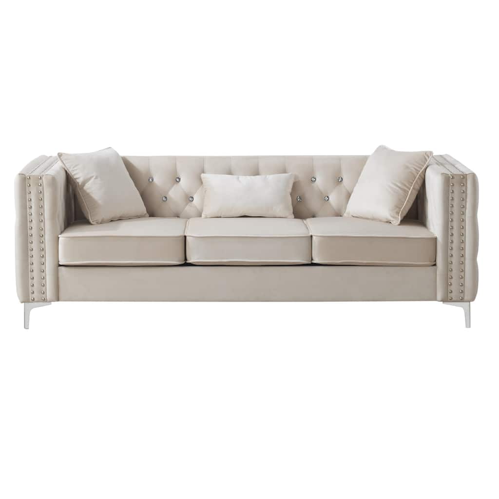 Tufted Faux Diamond Button Velvet 3-Seater Sofa with Throw Pillows - 86" - Cream