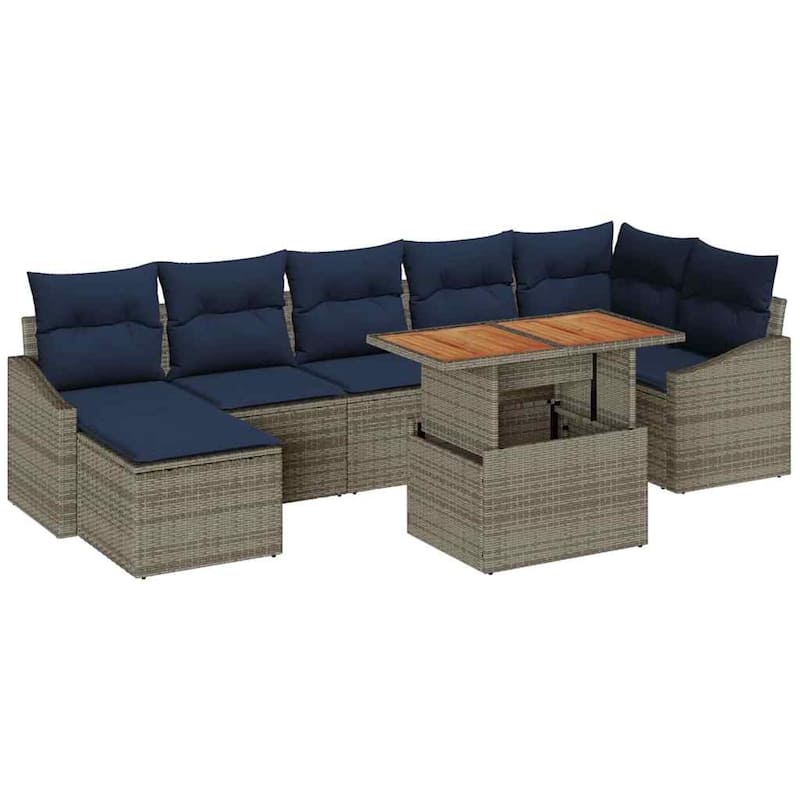 vidaXL 8 Garden Sofa Set with Cushions Black/Grey Poly Rattan - 113.6 x 48.6 x 27.2