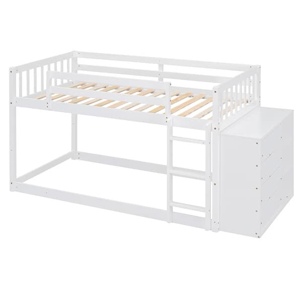 slide 2 of 17, Twin Over Twin Wood Floor Bunk Bed with 4 Drawers and 3 Shelves, White White - Twin