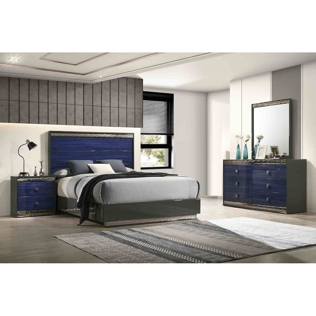 Glam Ash Gray and Indigo Blue Finish 4pc Bedroom Set Bed Nightstand Mirror Dresser