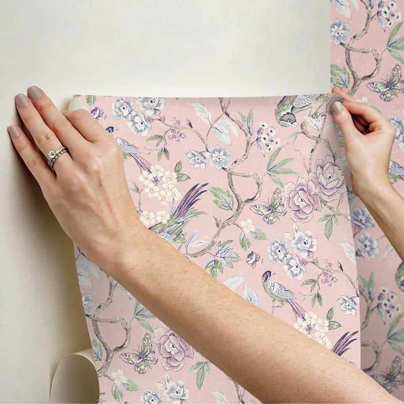 NuWallpaper Waverly Aviary Garden Pink Peel and Stick Wallpaper - N/A