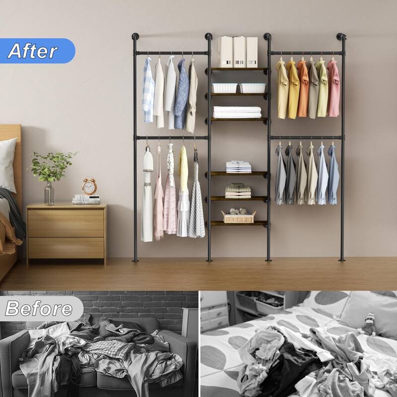 Industrial Pipe Clothing Racks, Heavy Duty Garment Rack Closet Wardrobe Rack with Shelves, Closet Clothes Rack