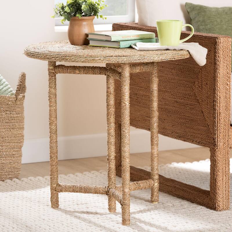 Fumito Handwoven Seagrass End Table - Round Boho Side Table, Handmade Coastal Décor for Living Room or Sun Room