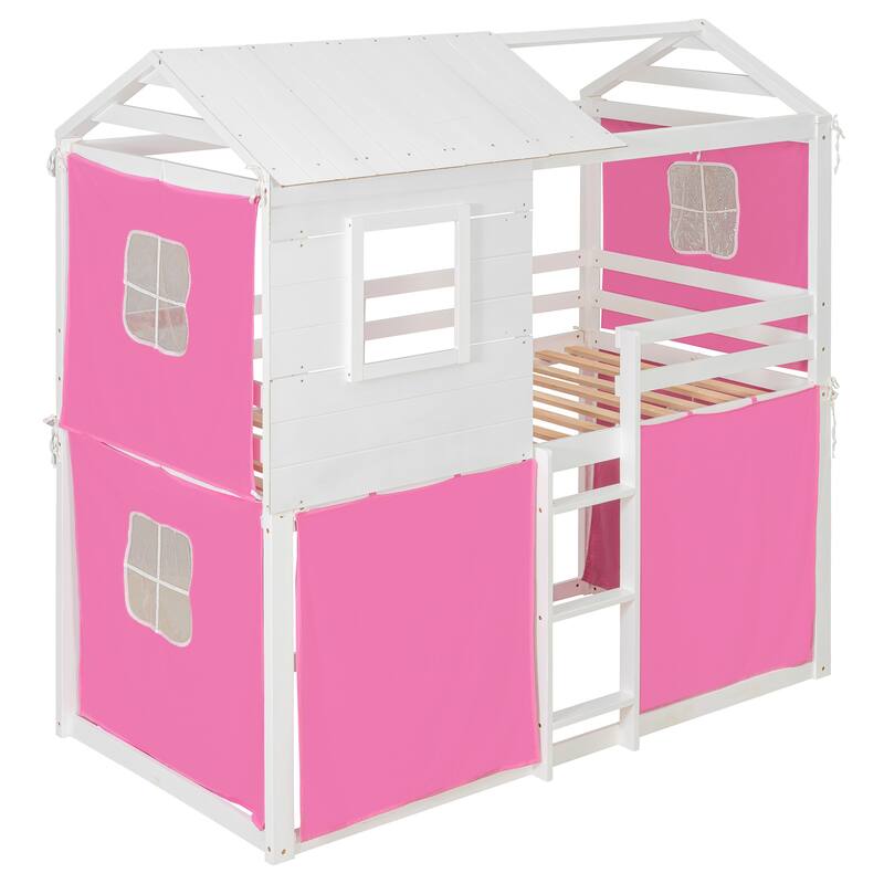 Twin Size Kids Playhouse Bunk Bed with Tent Wooden Frame and Sliding Window