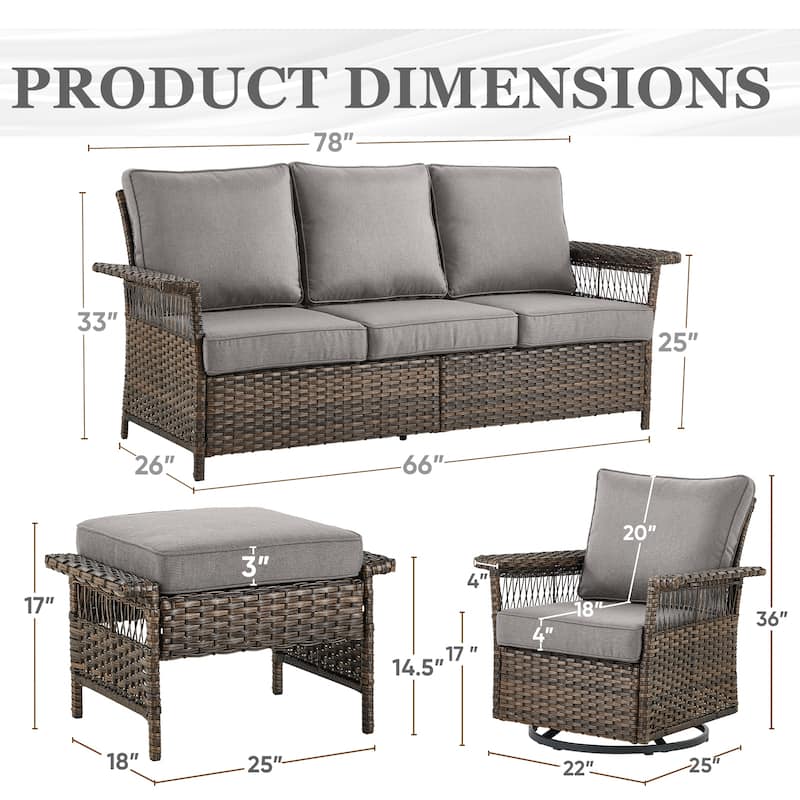 PE Wicker Sofa Chairs with Ottomans and Table - Brown