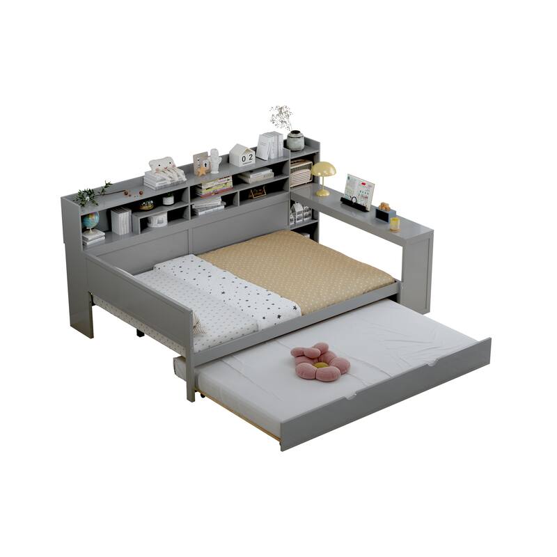 Wooden Daybed with Storage Shelves, Multi-functional Bed with Twin Size Trundle Bed and Study Desk